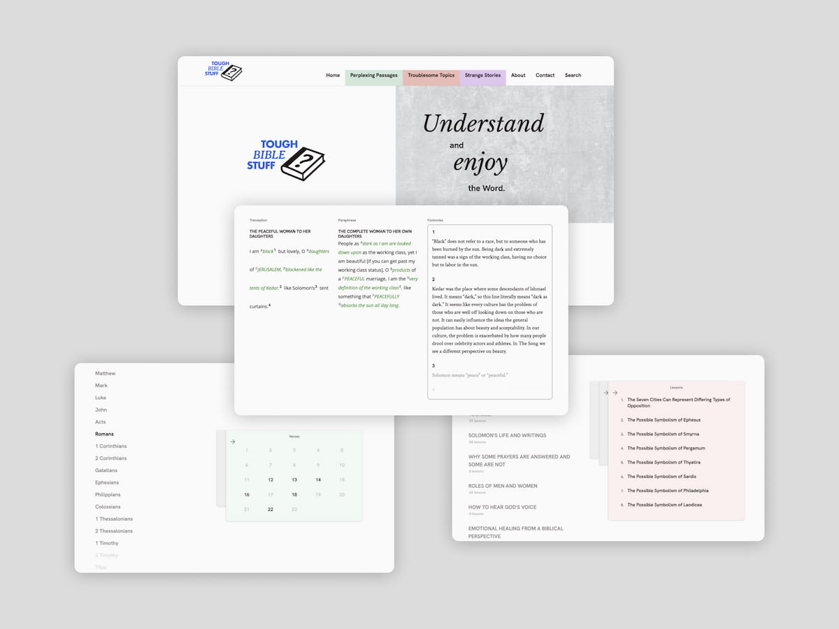 A collage showing various parts of the Tough Bible Stuff website.