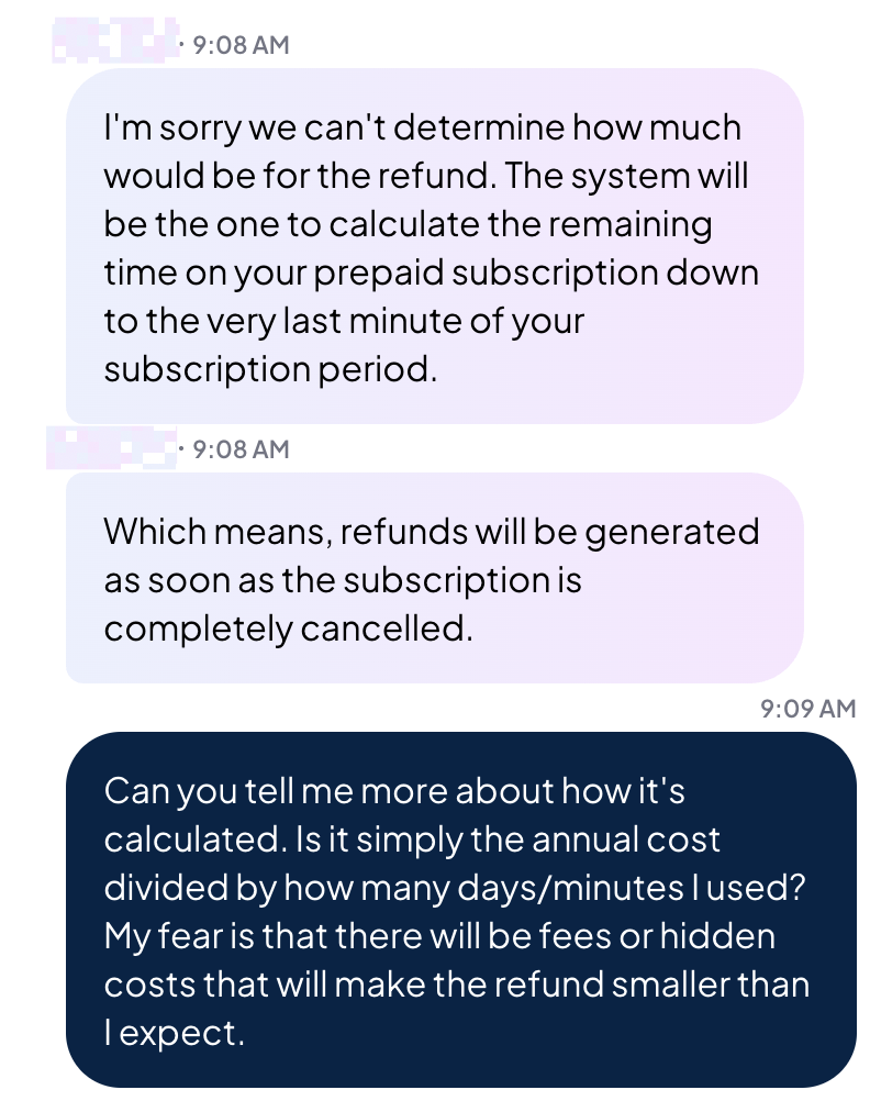 A screenshot of a support chat where the rep explains there will be a refund but does not give any information about the amount or how it's calculated.