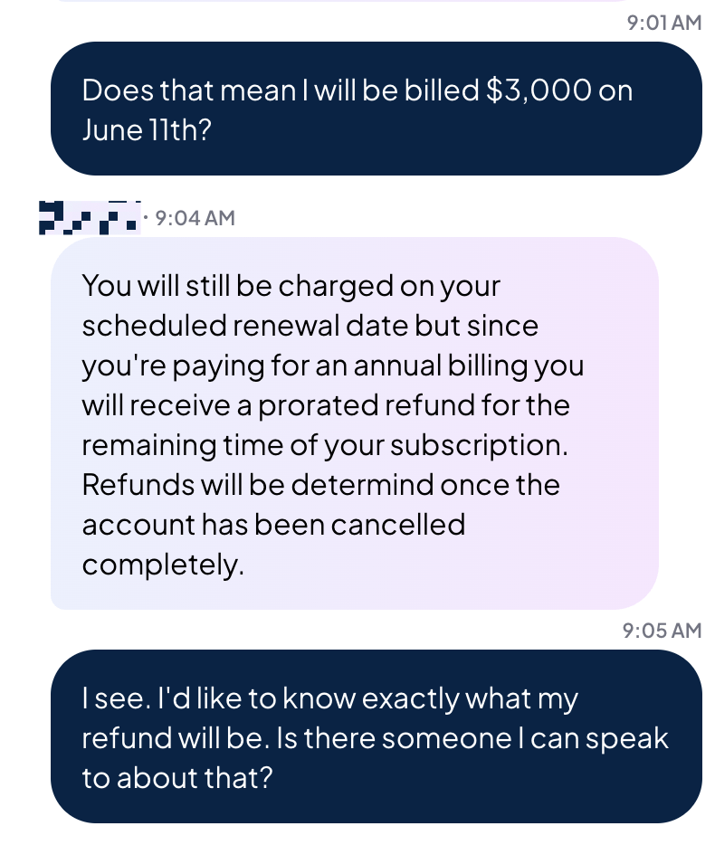 A screenshot of a support chat where the rep explains there will be a refund but does not give any information about the amount or how it's calculated.